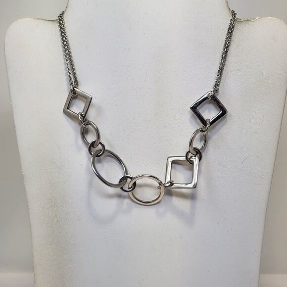 Geometric Shapes Double Chain Silver Tone Necklace Choker Round Square Oval - Picture 1 of 5
